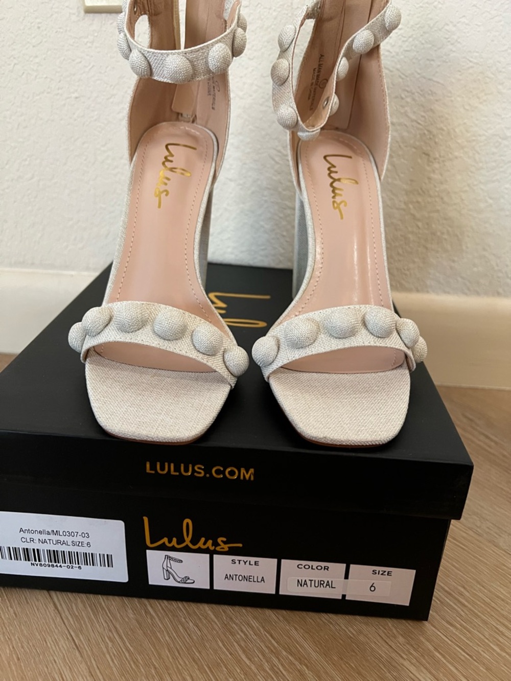 Lulu's Natural Textured Ankle-Strap Block Heels with Button Accents